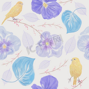 天衣无缝的花卉图案，带有黄色的鸟儿和花朵。为您的设计增添无尽的质感..天衣无缝的花鸟图案