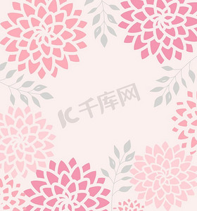 粉色矢量花朵摄影照片_矢量插图白色背景上的粉红色花朵。背景有花卉和树叶装饰。矢量花卉邀请函