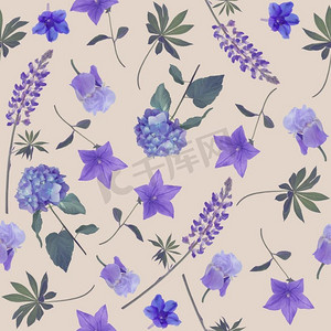 无缝   蓝色花朵的图案为您的设计提供无尽的质感。无缝   蓝色花朵图案