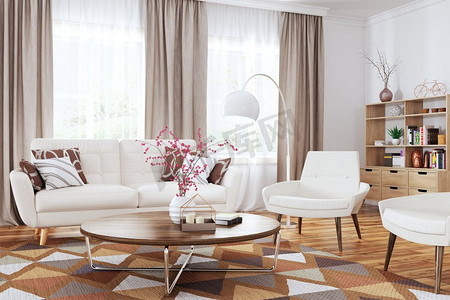 客厅的现代内部与白色沙发，扶手椅和咖啡桌3d渲染