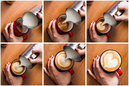 咖啡师在咖啡里倒牛奶。咖啡师倒牛奶在咖啡杯做拿铁艺术，过程的六个步骤，顶视图