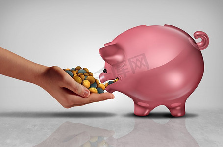 储蓄的概念是用手把钱或硬币喂给饥饿的存钱罐或带有3D插图元素的存钱罐。