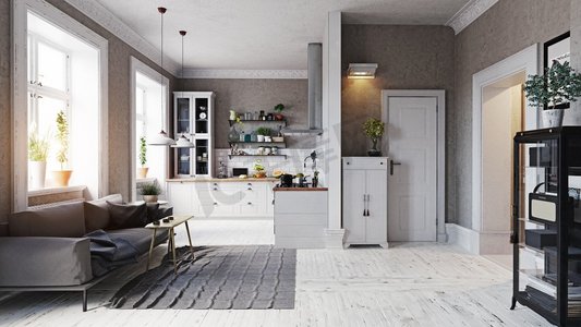 现代公寓内部。沙发和厨房区。3D渲染概念
