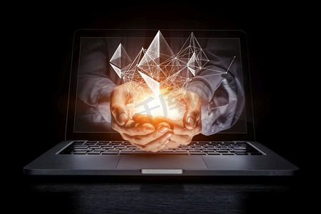 男性手掌出笔记本电脑屏幕呈现以太坊图标。3d翻译加密货币市场。混合媒体