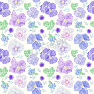 无缝的花卉图案与蓝色紫罗兰花。为您的设计提供无尽的质感。无缝花卉图案与蓝色中提琴花