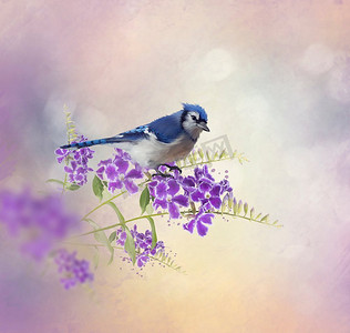 紫色水彩鸟摄影照片_蓝鸦栖息在蓝色花朵水彩画。蓝鸦栖息在蓝色花朵水彩