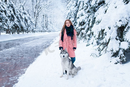 冬季女性摄影照片_西伯利亚哈士奇坐在年轻妇女附近，雪森林在背景。可爱的女孩与迷人的狗。西伯利亚哈士奇坐在附近的年轻女子