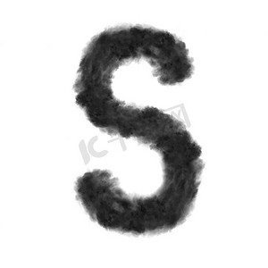 字母S由黑色的云或烟雾在白色背景与复制空间，不渲染。字母S由黑色的云在白色背景。