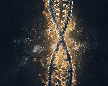 转基因摄影照片_DNA在大火中燃烧。黑暗背景下火焰中的DNA分子标记