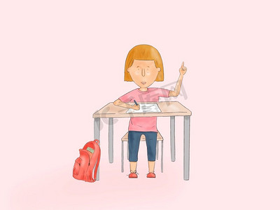 手绘插图，一个孩子站在课桌上--回到学校
