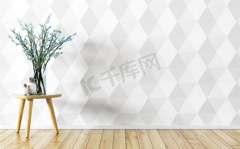 房间内背景，白色镶板墙上桌子上有花枝的玻璃花瓶，3D渲染