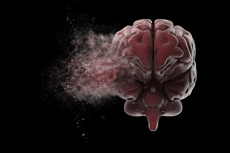 破碎心摄影照片_爆炸的大脑。人脑在黑色背景下爆炸。3D插图