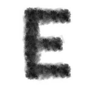 字母E从黑色的云或烟雾在白色背景与复制空间，不渲染。字母E在白色背景上由乌云制成。