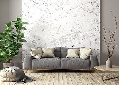 客厅的现代内部与灰色沙发，咖啡桌和植物反对大理石墙壁3d渲染