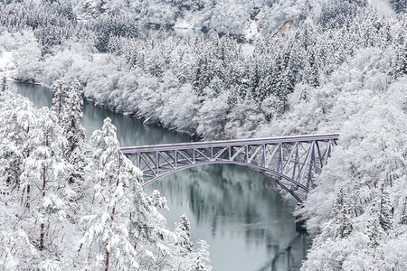 冬季景观积雪覆盖树木，火车过河过桥