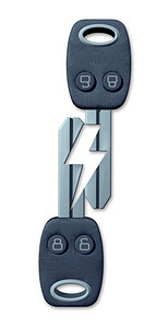 电动汽车标志和电动汽车充电图标，用于可再生能源运输，汽车钥匙形状为电动形状，作为3D渲染。