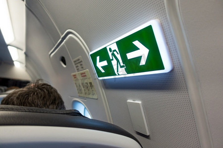 客机摄影照片_客机上的飞机紧急出口标志和门