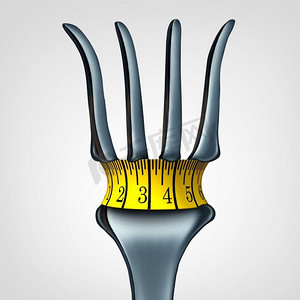 叉子上的量尺代表减少卡路里摄入量的节食腰带象征和健康生活方式的3D插图。
