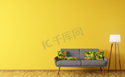 现代客厅内部，带花纹靠垫的沙发，橙色墙上的落地灯3D渲染