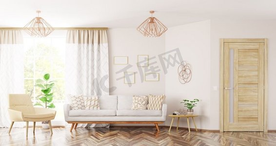 现代客厅室内设计，沙发、扶手椅、木质门窗全景3D渲染