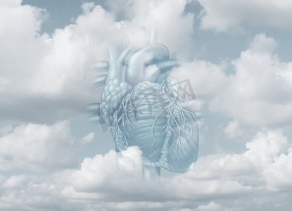 人体器官3摄影照片_纯洁的心和纯洁是信仰、诚实和正直的隐喻，是天空中的人体器官，带有3D插图元素。
