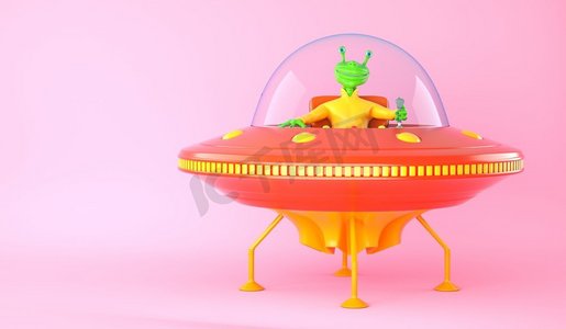 粉色背景上带有绿色外星人的UFO插图。3D插图。粉色背景上带有绿色外星人的UFO插图