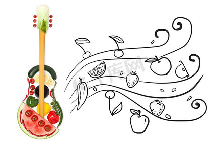 这张创意照片是一把由蔬菜和水果制成的立式吉他，背景是灰色的粗略，流畅的水果气息。