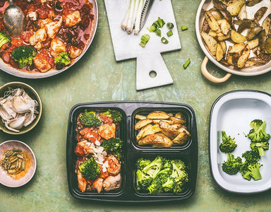 健康均衡的午餐盒，鸡块配西红柿酱，青花菜和烤土豆，俯瞰