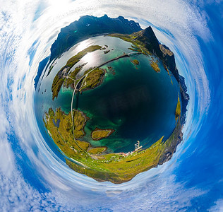 迷你行星罗福腾是挪威诺德兰县的一个群岛。弗雷德旺桥全景图。