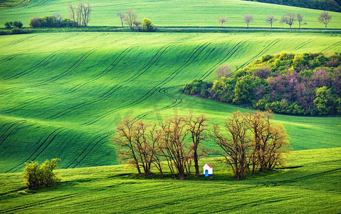青山绿水。连绵起伏的春田。捷克摩拉维亚可耕地上的小教堂。