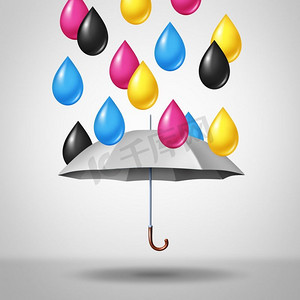 CMYK色彩概念为洋红色、青黄色和黑色，雨点落在带有3D插图元素的白色雨伞上。