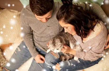 宠物，圣诞节和人的概念—快乐的夫妇与猫在家里超过雪。快乐的夫妇与猫在家里