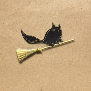 微信公众号万圣节摄影照片_万圣节创意概念照片，一只猫骑在棕色背景纸做的扫帚上。