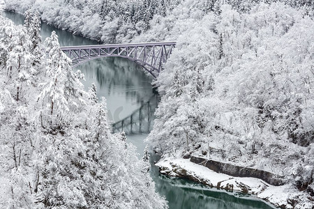 冬季景观积雪覆盖树木，火车过河过桥