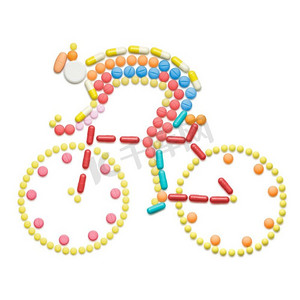 在自行车上使用公路自行车赛车手的形状的药物和药片。