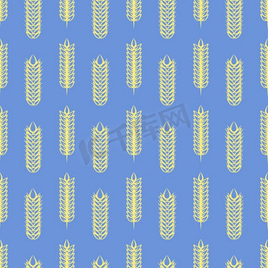 蓝色无缝图案上的黄色小麦。蓝色背带上的黄色小麦。矢量农业无缝模式设计