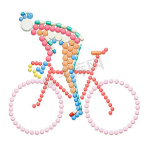 在自行车上使用公路自行车赛车手的形状的药物和药片。