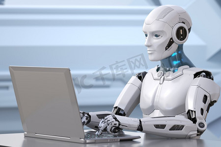 机器人与笔记本电脑一起工作。3D插图。机器人用笔记本电脑工作