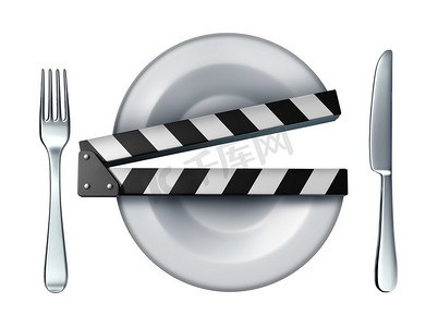 美食视频和烹饪电影快板概念或流动烹饪课程概念作为一个餐盘形状的隔板作为3D插图。