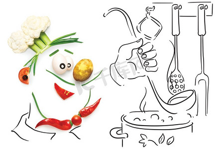 一个有趣的卡通厨师的创意美食概念，用蔬菜做的，在粗略的背景下煮汤。