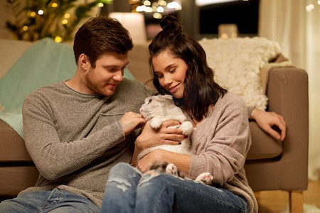 宠物，卫生和人的概念幸福的夫妇在家里养猫。家里养着猫的幸福夫妻