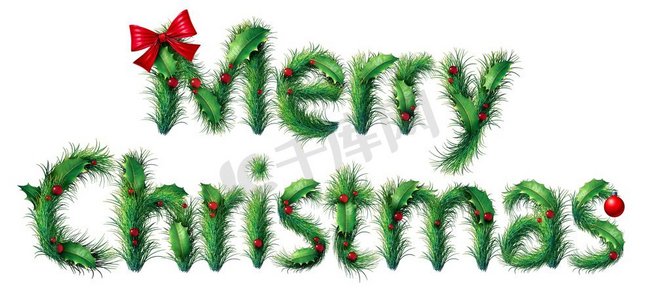 圣诞快乐文字作为冬季季节性节日的象征，用白色背景上的装饰品和季节装饰制成的字母。