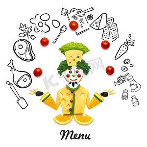 一个滑稽的动画片厨师的创造性的食物概念照片由在白色背景的蔬菜制成.