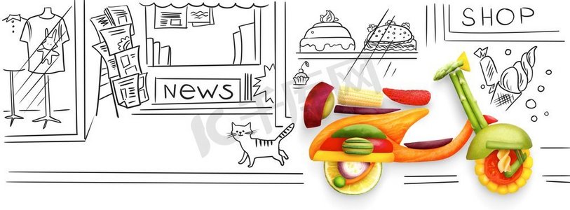 创意食品概念经典复古滑板车Vespa，适合夏季旅行，由水果和蔬菜制成，停放在粗略的城市背景下。