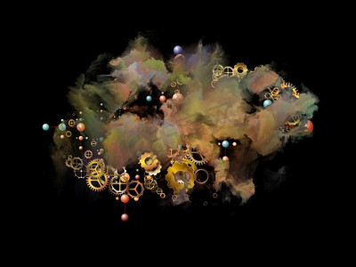 云网络系列现代技术主题齿轮、分子符号和彩色烟雾的构成。