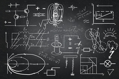 形象概念摄影照片_船上有物理公式。黑板上带有科学公式的背景概念形象