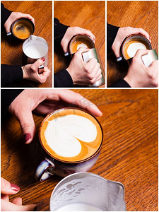 咖啡倒了摄影照片_咖啡师煮了一杯拿铁艺术咖啡，往牛奶里倒泡沫。用一步一步的照片拼贴。拿铁艺术咖啡