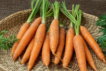 健康食品安全海报摄影照片_新鲜胡萝卜在篮子里，根菜。健康食品新鲜胡萝卜在篮子里，根菜。健康食品
