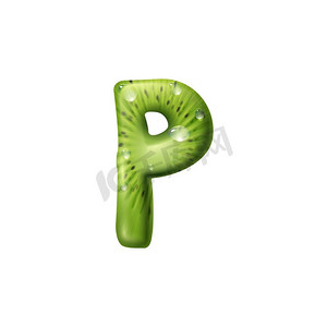 P字母奇异果孤立字母符号。矢量p ABC异国情调的食物和水滴。字母P猕猴桃与种子孤立字体水滴
