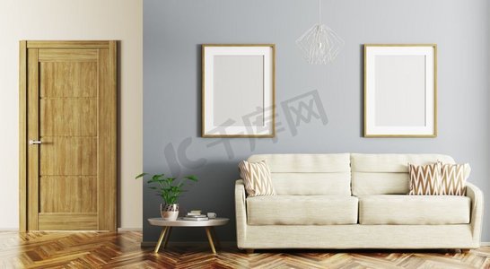 米色沙发和门3D渲染的现代客厅室内设计